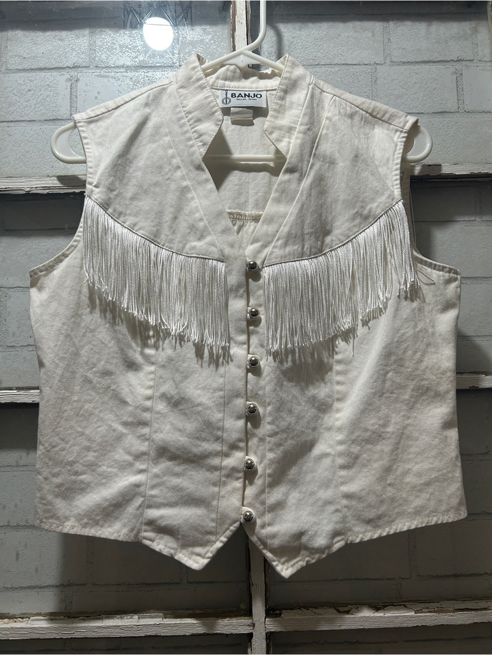 Vintage Banjo Dallas Texas White Fringe Western Vest Cotton Large Cowgirl Boho